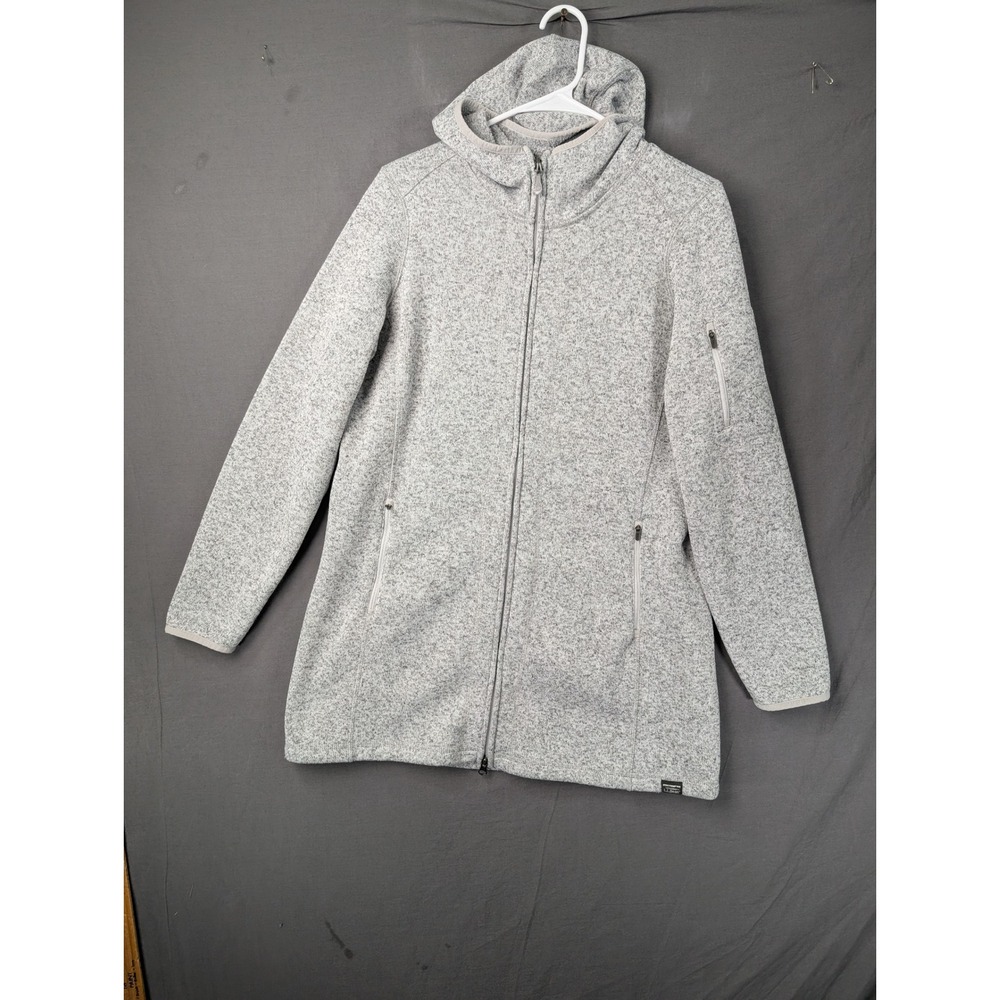 LL Bean Womens Sweater Fleece Coat Heather Gray Full Zip Hooded Jacket Large